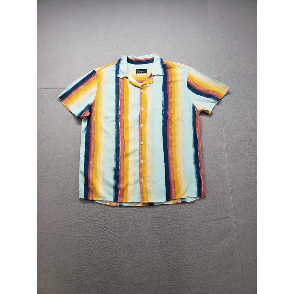 Original Use Men Shirt L Blue Stripe 100% Rayon Button Up Short Sleeve Bohemian